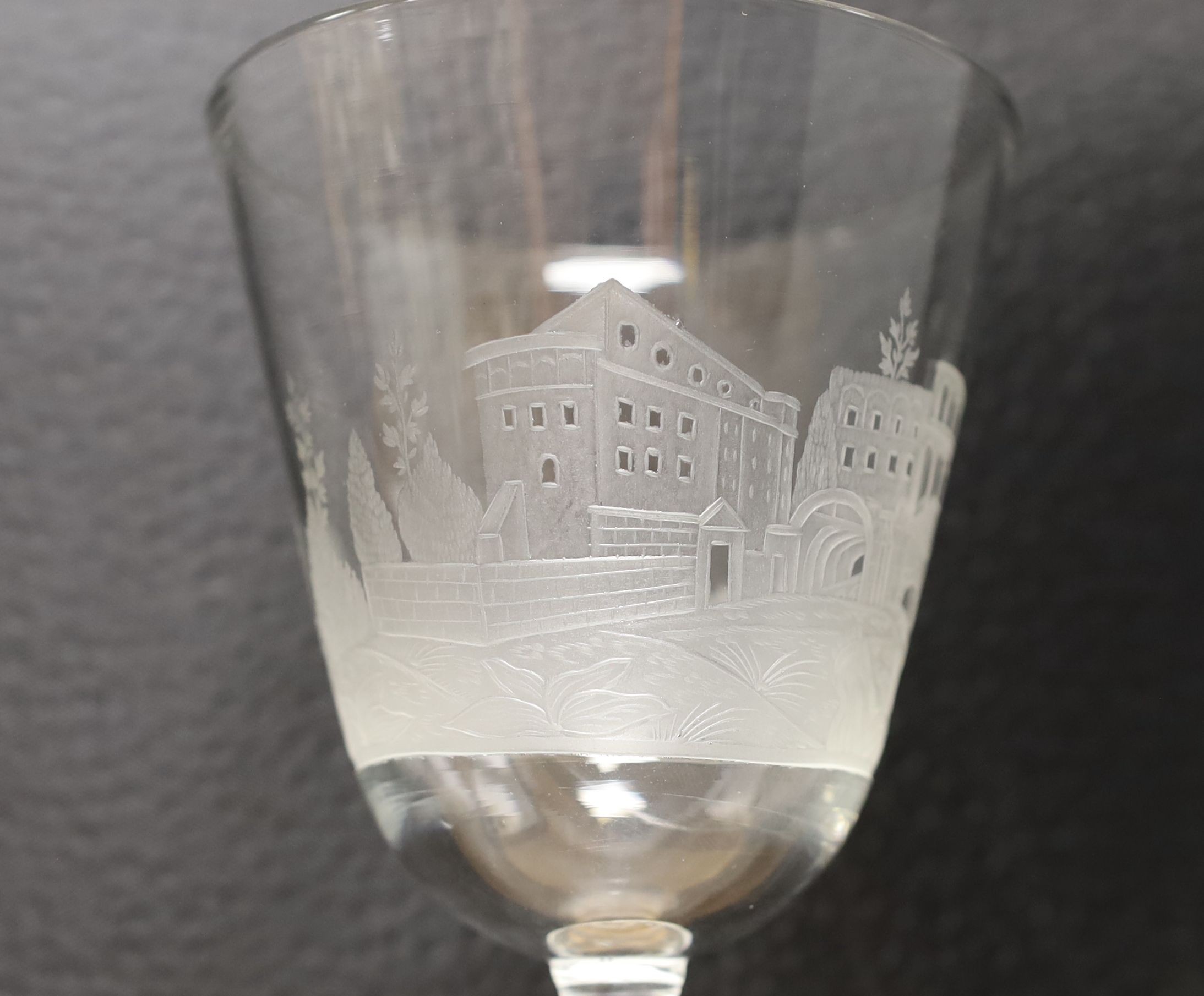 A Dutch engraved Newcastle goblet - 19cm tall